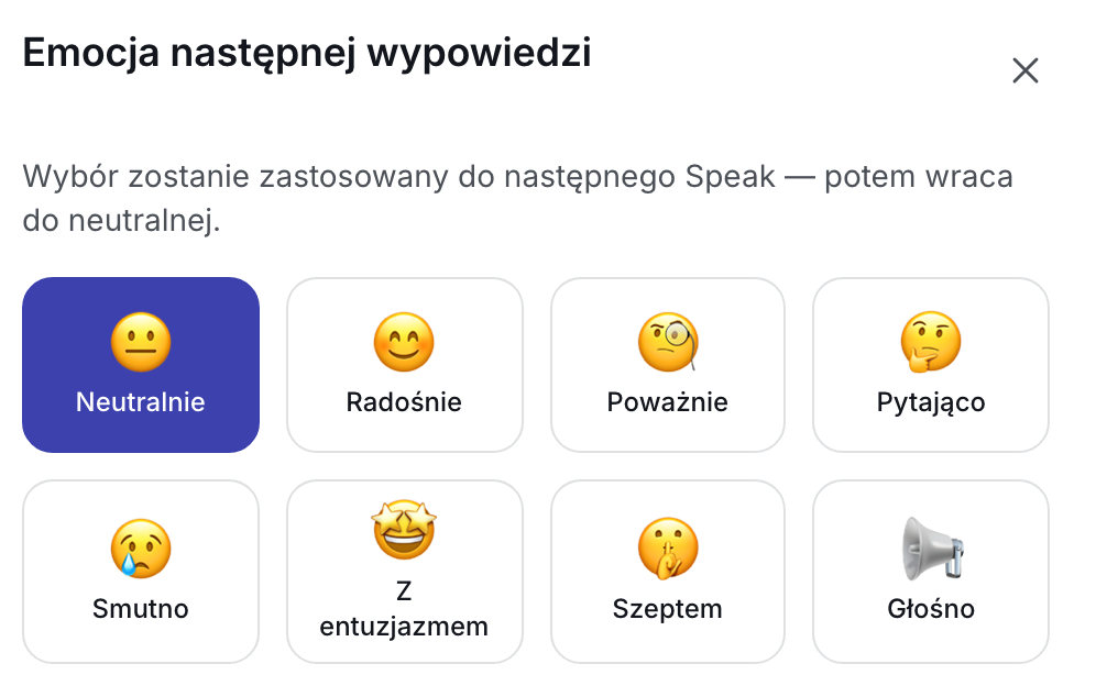 Wybór emocji w TalkerApp, osiem opcji: Neutralnie, Radośnie, Poważnie, Pytająco, Smutno, Z entuzjazmem, Szeptem i Głośno.