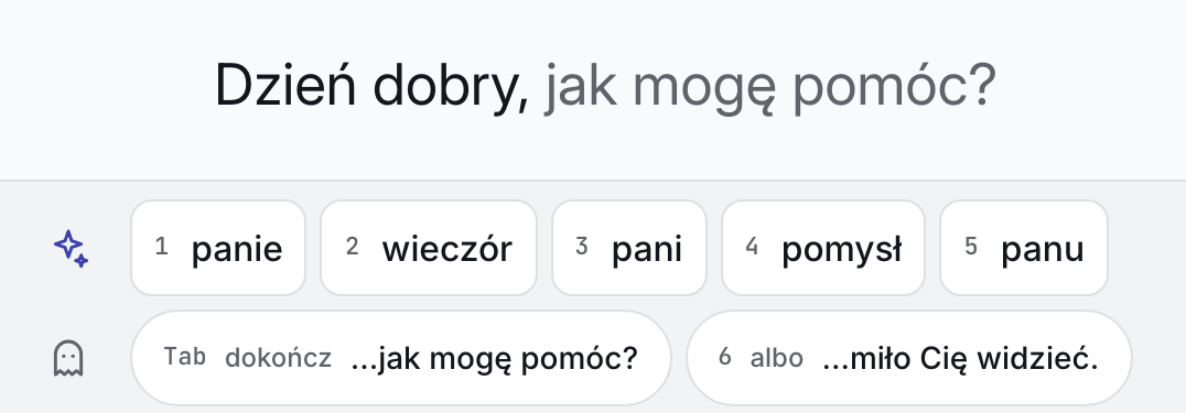 Edytor z napisanym „Dzień dobry,” i szarą podpowiedzią „jak mogę pomóc?”. Niżej pięć ponumerowanych słów i dwa zdania, pierwsze z oznaczeniem „Tab dokończ”.