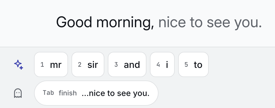 The editor with “Good morning,” typed and the suggested ending “nice to see you.” in gray after it. Below, five numbered word suggestions and, beneath them, one sentence suggestion marked “Tab finish.”