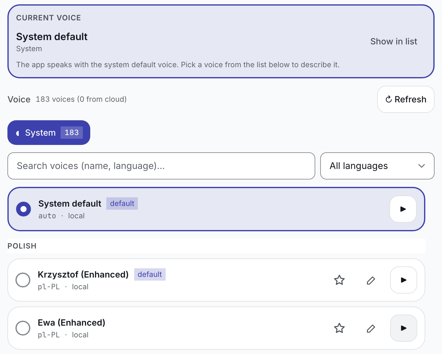 The voice settings: a card for the current voice, a System tab listing the voices built into the computer, a search field, a language filter, and a list of voices that starts with the system default; each named voice has a play button, a star and a pencil.